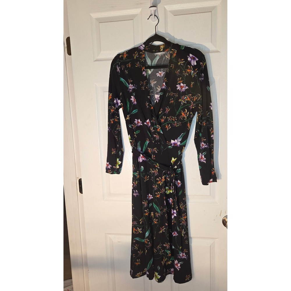 HM Black Floral Long Sleeve Wrap Midi Dress V-Neck Tie Waist Stretch
